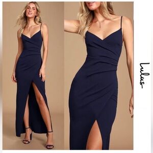 Lulu's Navy Blue Spaghetti Strap Maxi Dress with Front Slit